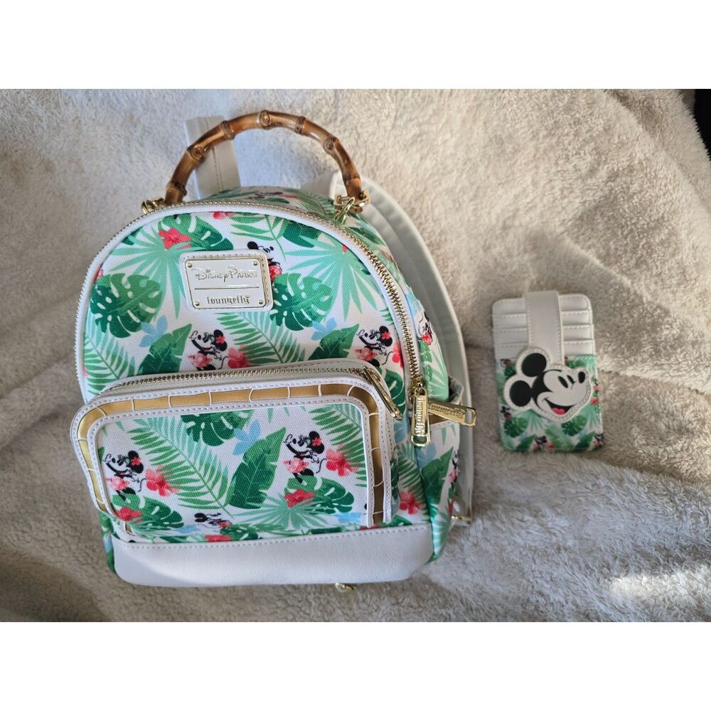 Loungefly Disney Tropical Palm Leaves Backpack + Mickey Card Wallet Bundle